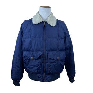 Lands End Mens Navy Nylon Sherpa Lined Jacket Puffer Style Snap Pockets Size L